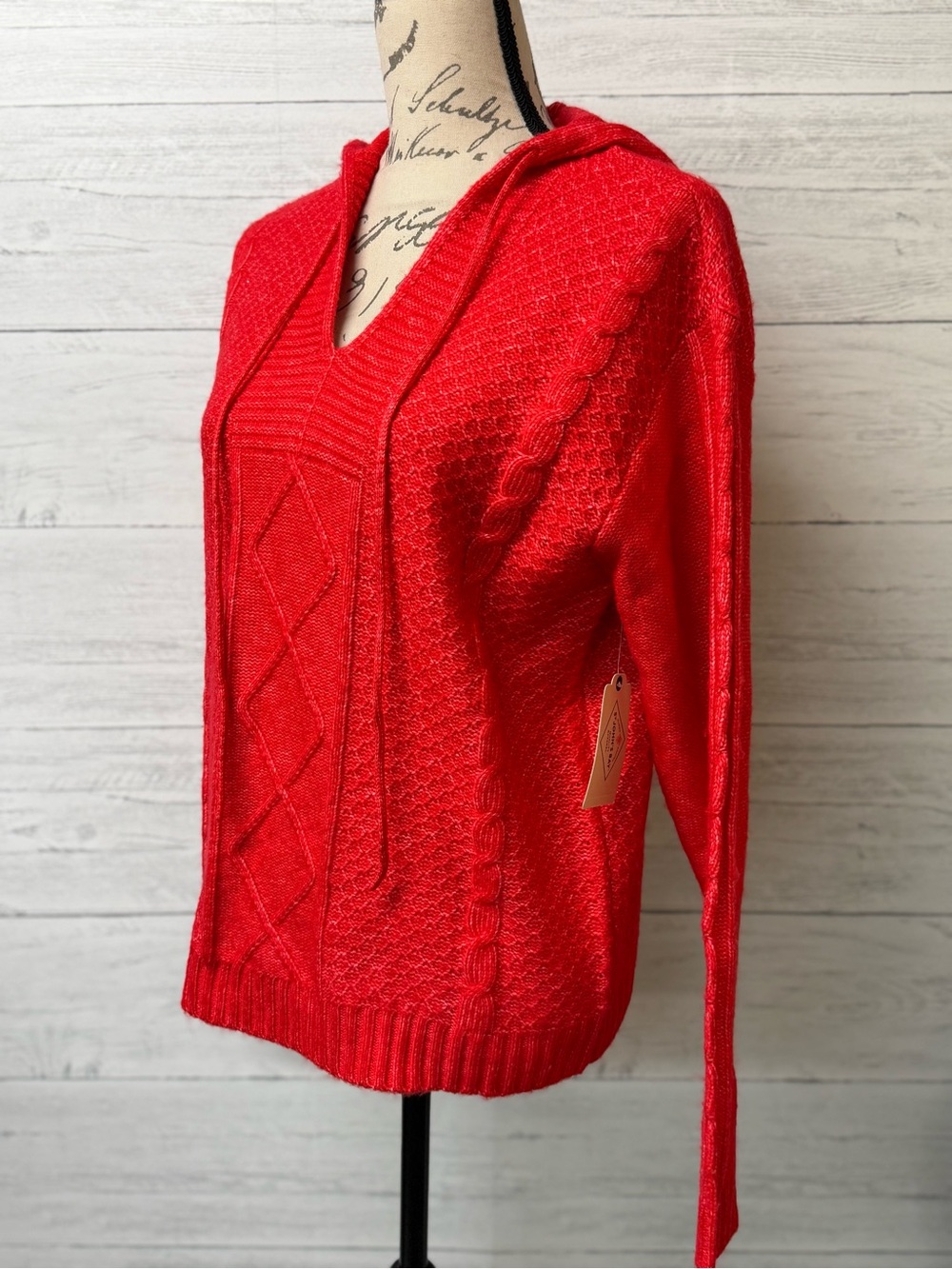 NWT V-Neck Cable Knit Hooded Sweater by St John’s Bay